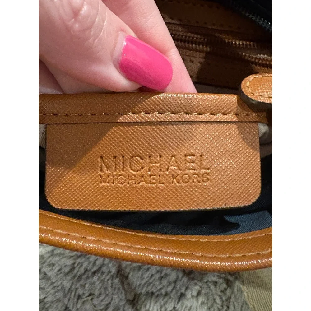 Michael Kors Navy Blue‎ Nylon Crossbody Bag Tan Leather Trim Gold Tone Hardware